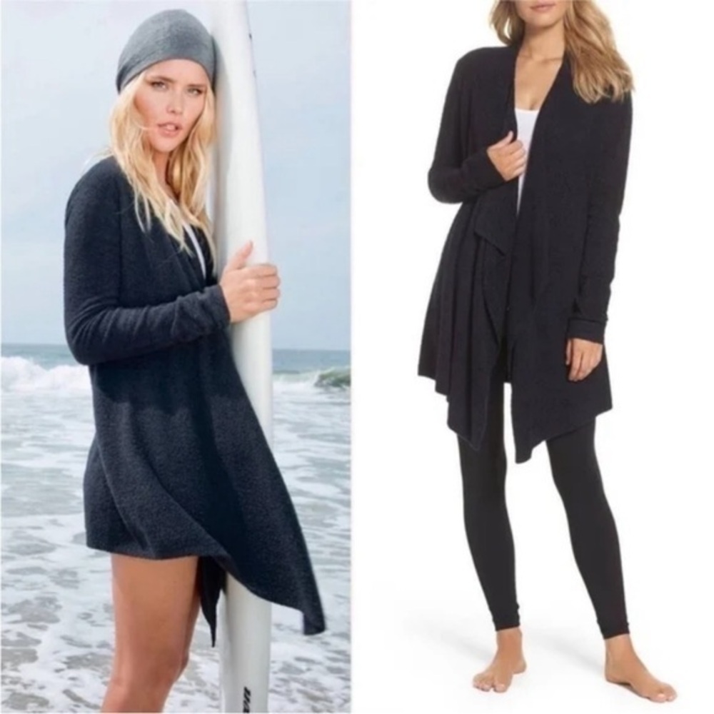 Barefoot Dreams Bamboo Chic Lite Black Asymmetrical Open Front Cardigan S/M